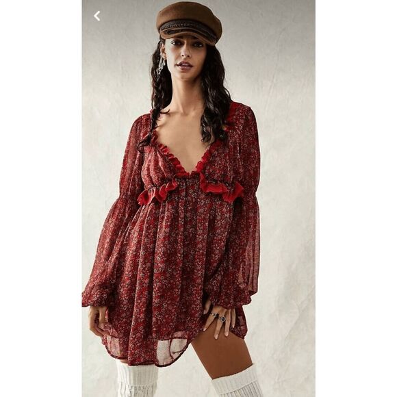 Free People Pennie Printed Babydoll Lace Ruffles Mini Dress S Cherry combo size - Picture 1 of 7
